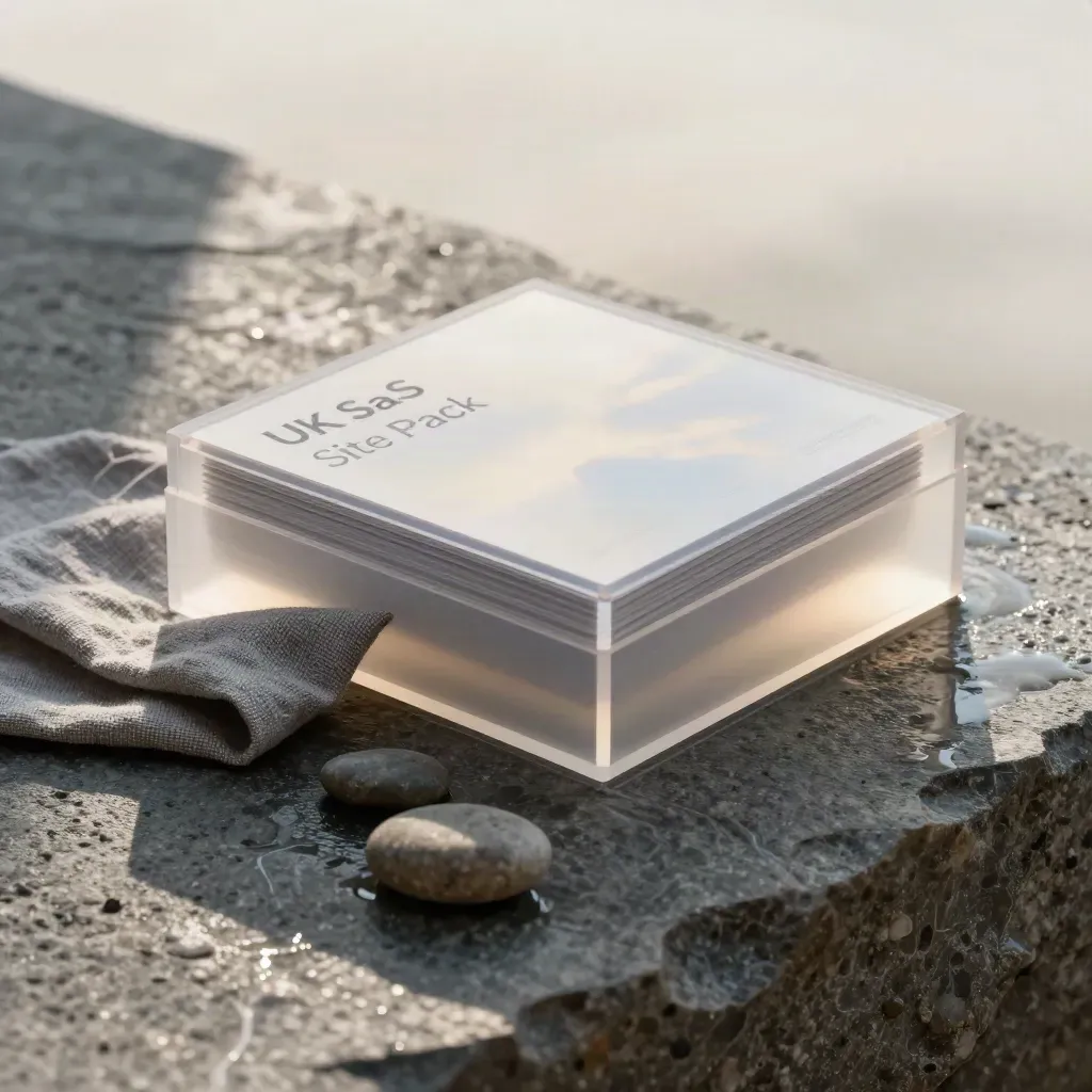 Frosted acrylic site pack on wet basalt with linen and pebble weights