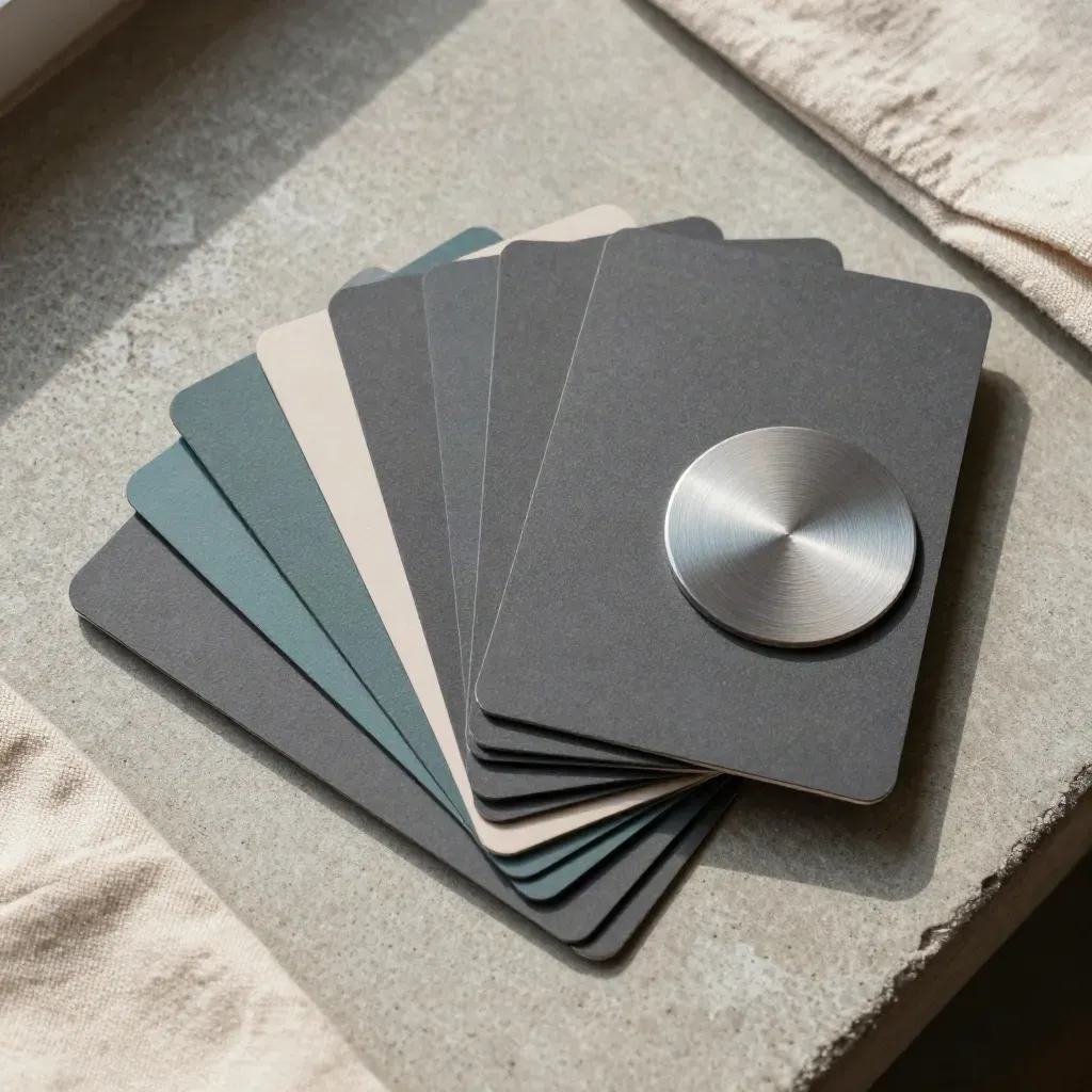 Overhead flatlay of matte cards, bookmark slips and a circular token on concrete with linen edge.