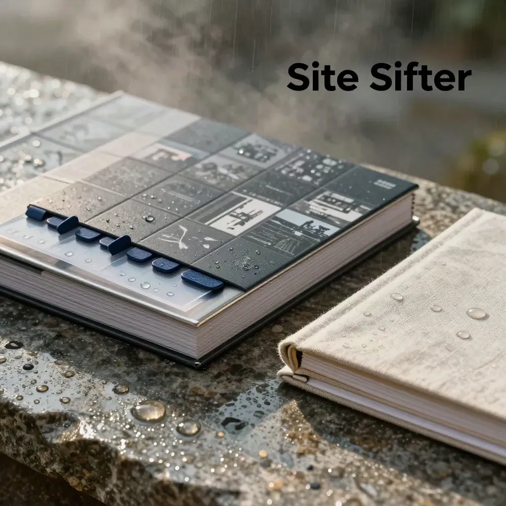 Rain-dappled site discovery folio box with comparison tiles and navy bookmark chips on limestone.
