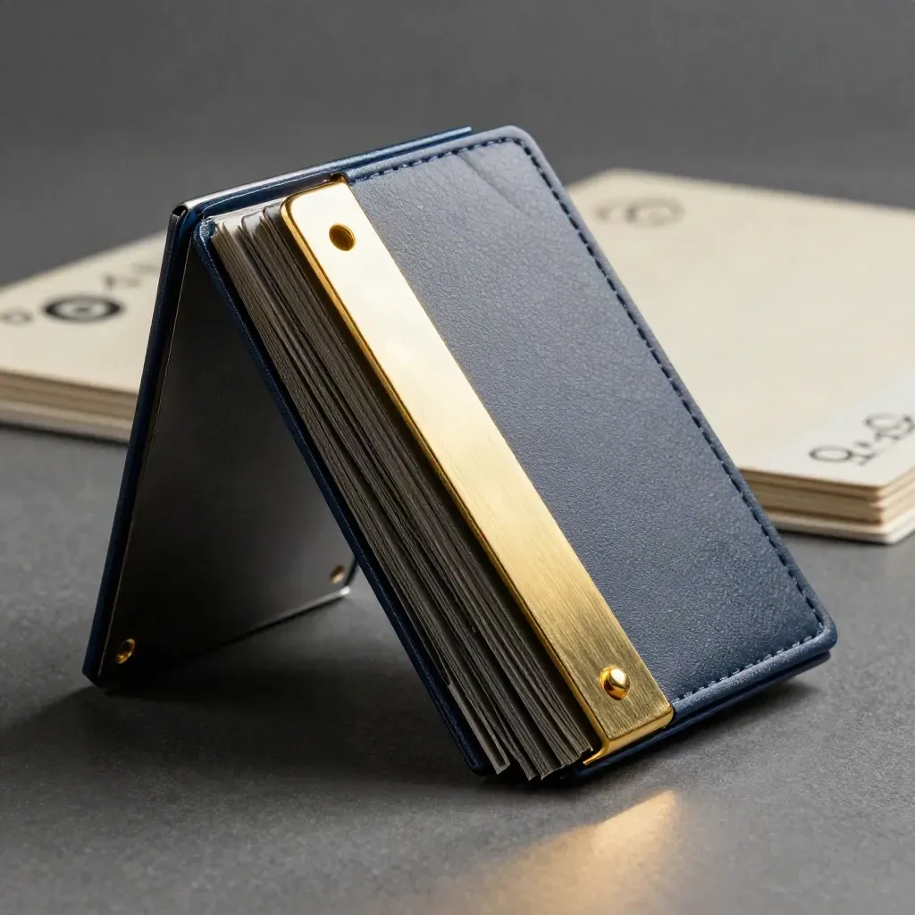 Upright tabbed agency pack with brass divider on a graphite slab under dramatic studio light