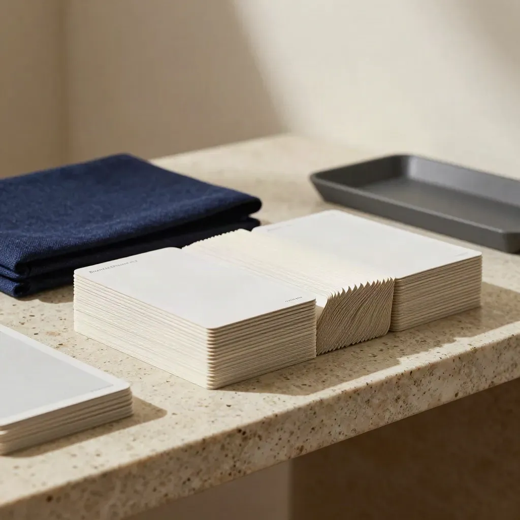 Bookmark board cards, navy linen sleeve and graphite tray on travertine in soft side light.