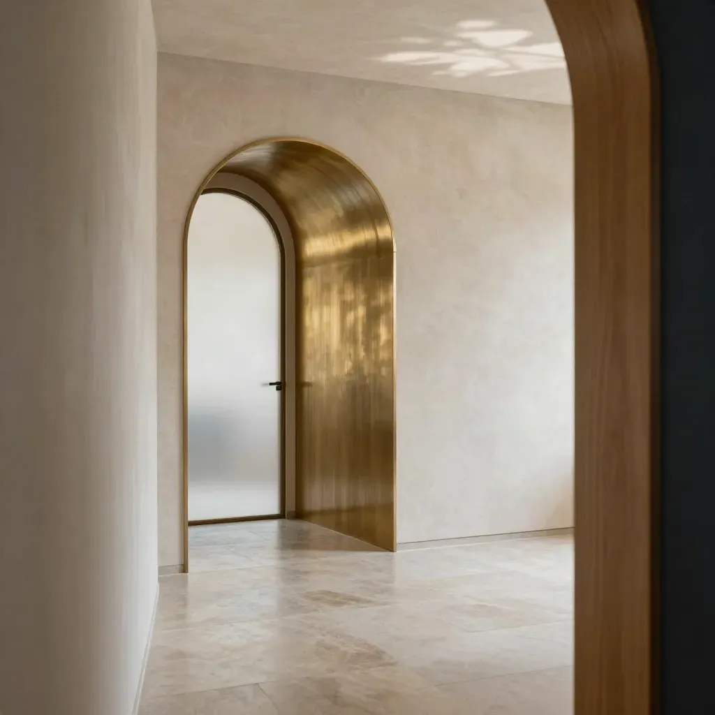 Oak-lined corridor with brass arch, frosted glow, and calm copy space.